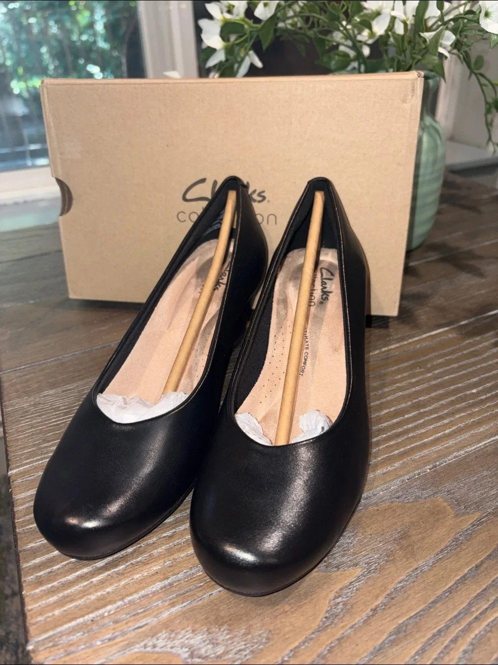 Clarks Collection Flores Tulip Black Leather Wedge Pumps - Size 6 NIB/ NWT
